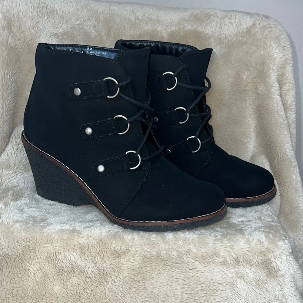 Black Suede Wedge Shoes with Eyelet Detail